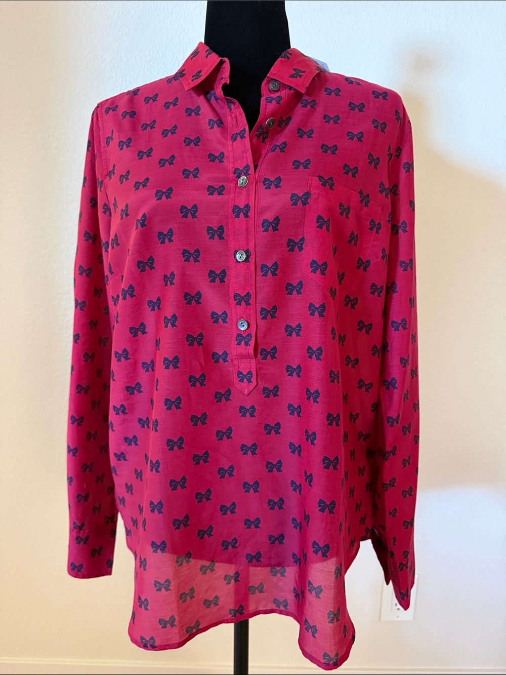 J. Crew Brick Red Blouse w/Navy Bow Print NWT Cotton/Silk